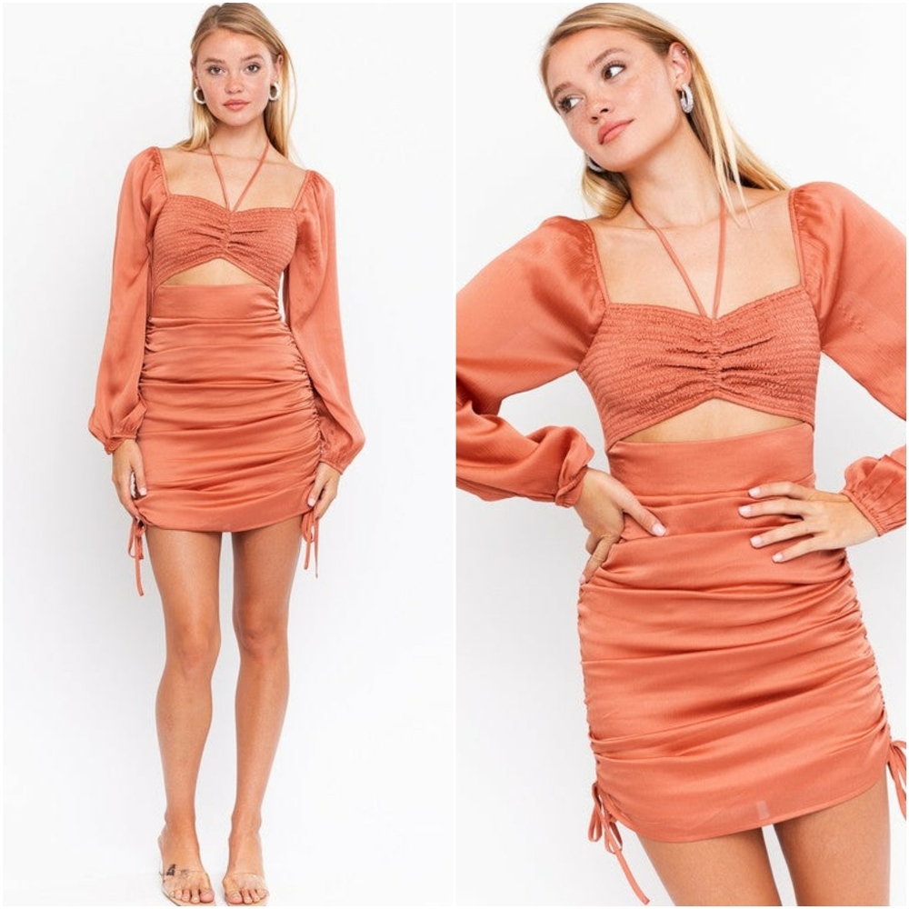 LE LIS Sophisticated Chic Copper Satin Peek-A-Boo Long Sleeves Dress